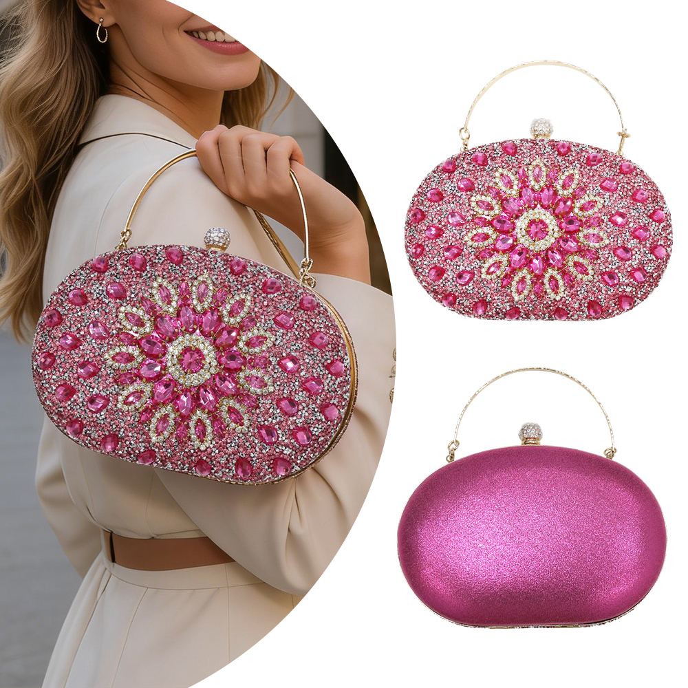 Rose Red Rhinestone Clutch Purses for Kids Girls Women Round Clasp Handbag Crystal Diamond Bag