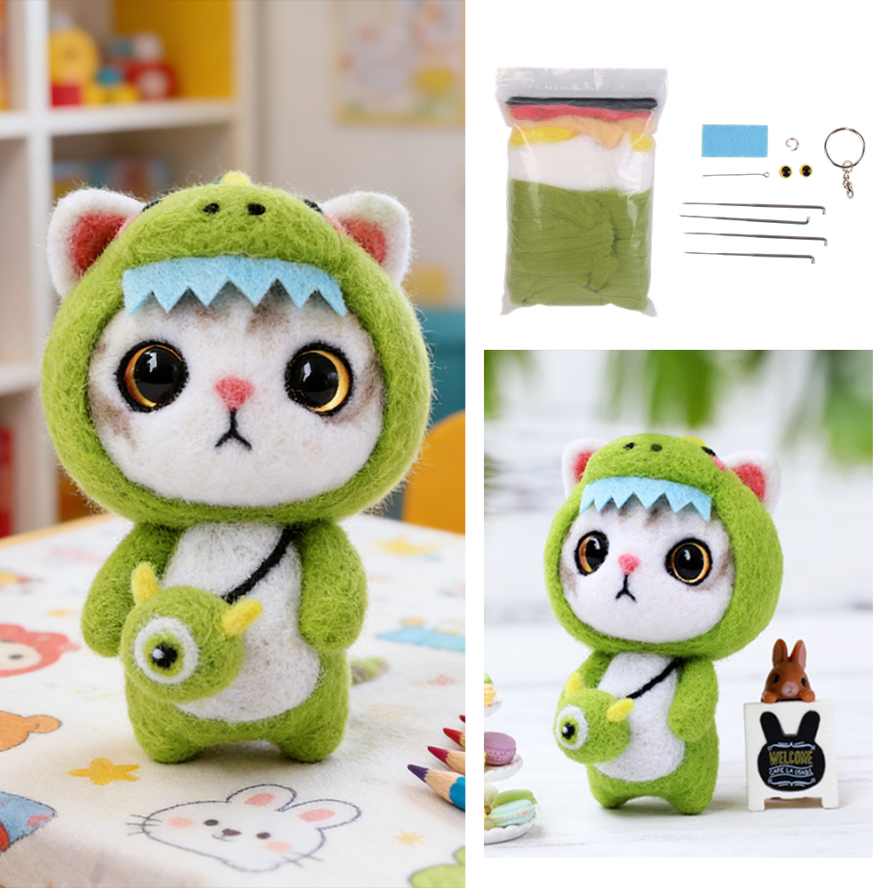 Needle Felting Starter Kit Green Cat Animals Needle Felting Set DIY Wool Felt Materials Set