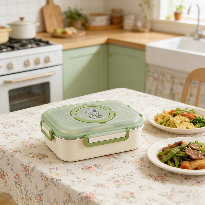 Insulation Lunch Box with Spoon 2 Compartments Lunch Container Food Box 381g 24 x 15 x 7cm