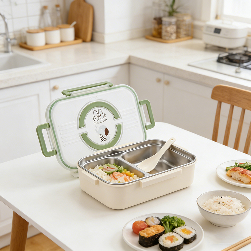 Insulation Lunch Box with Spoon 2 Compartments Lunch Container Food Box 381g 24 x 15 x 7cm