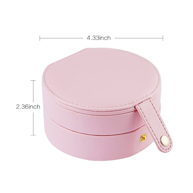 Round Jewelry Boxes Portable PU Leather Case 2 Layers Storage Organizer for Travel Home - Pink