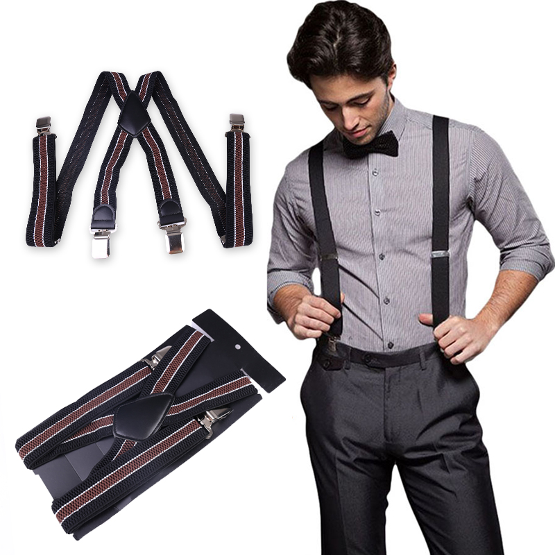 Mens 40mm High Elasticity Braces Fashion Trousers Suspenders - Brown Stripes