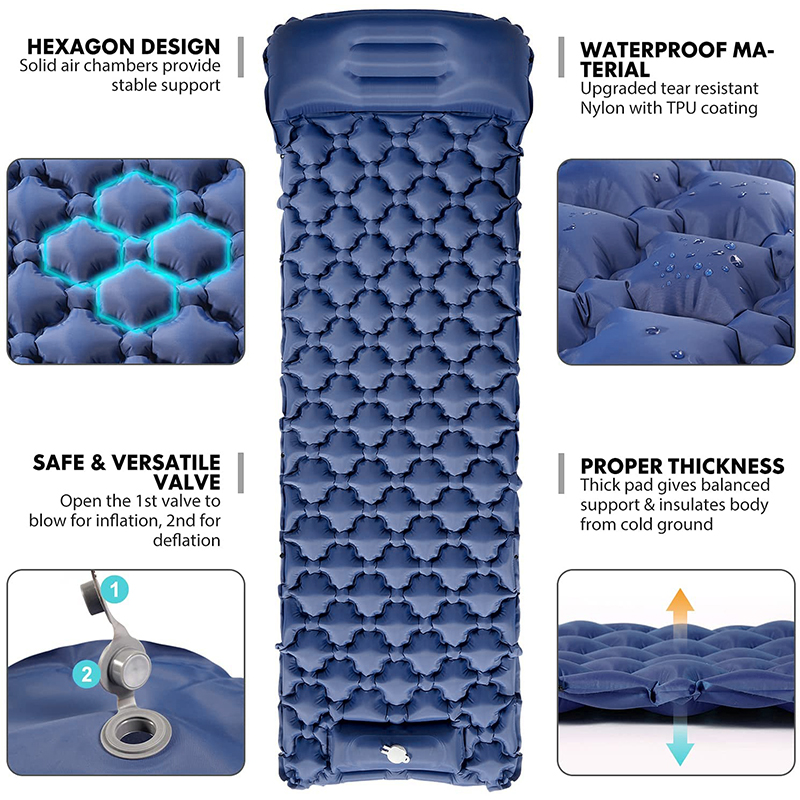 Integrated Foot Pump Portable Inflatable Camping Sleeping Mat with Pillow - Navy Blue