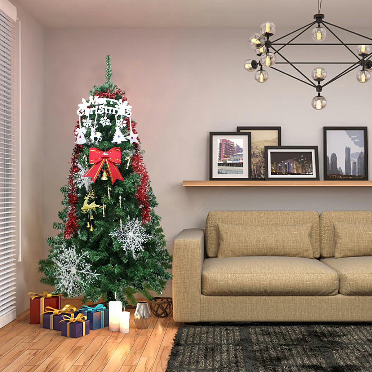 1 Set Christmas Xmas Bowknot Ribbon Snowflake Walking Stick Deer Jingle Hanging Decor Kit - Combination 1