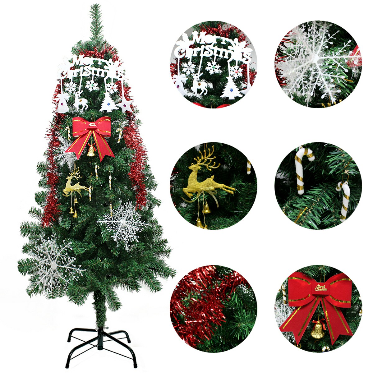 1 Set Christmas Xmas Bowknot Ribbon Snowflake Walking Stick Deer Jingle Hanging Decor Kit - Combination 1