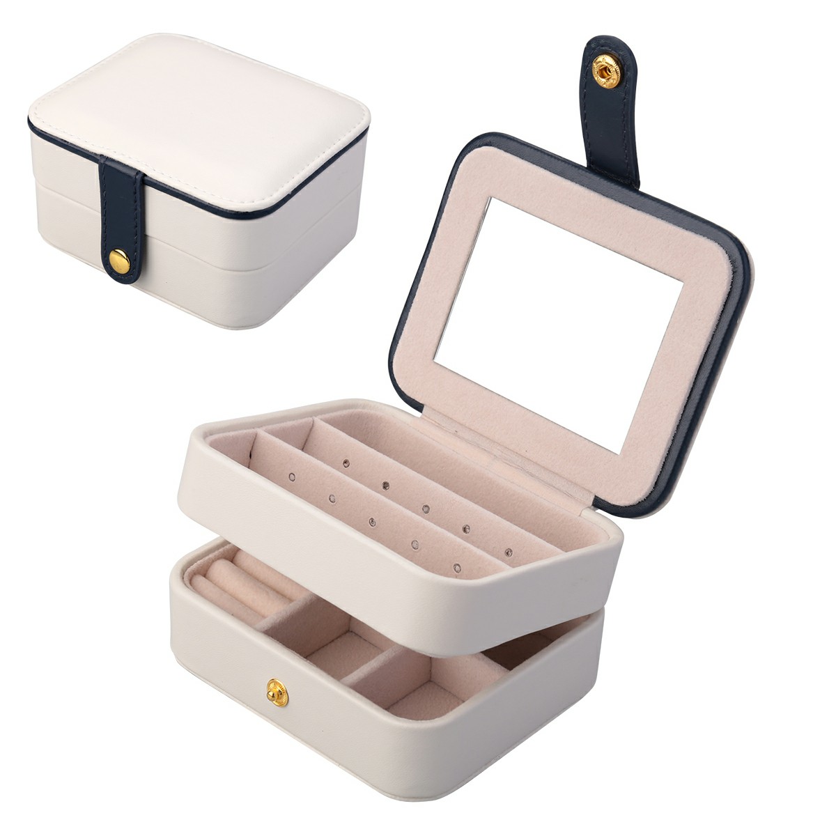 Creative Small Jewelry Box Multilayer Portable Travel Jewelry Box Leather Earrings Storage Box - White