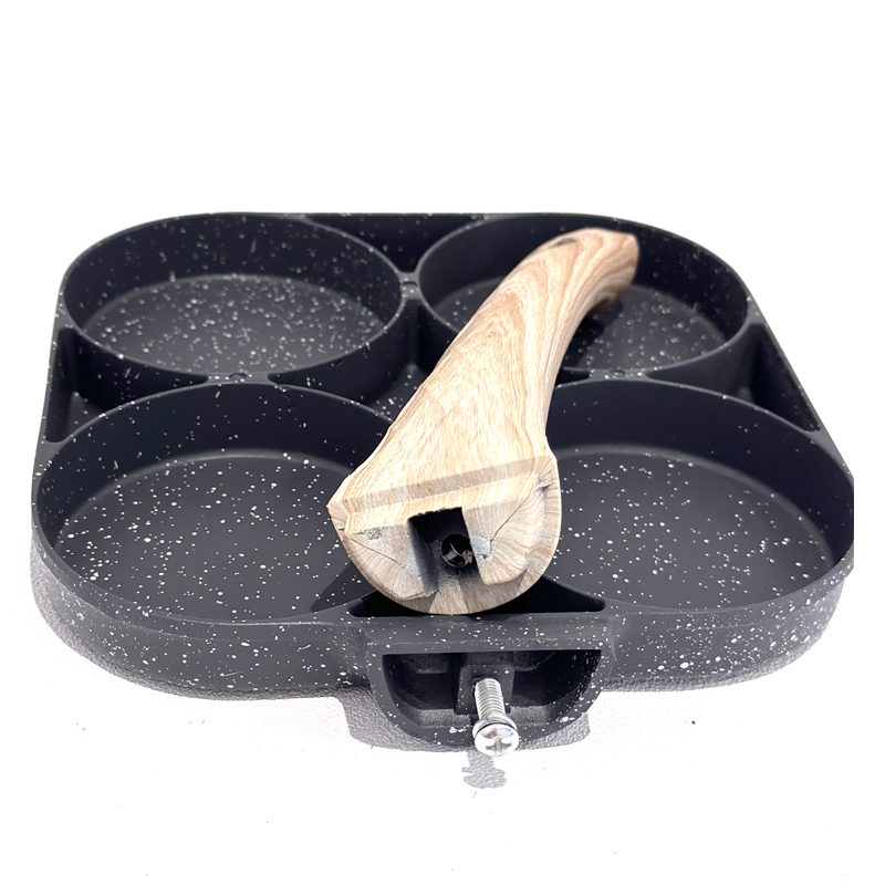 Metal Round Egg Frying Pan Square Pan for 4 Eggs with Wooden Handle