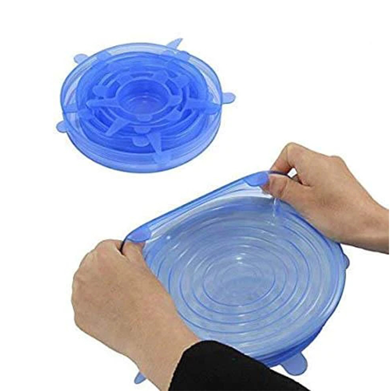 6pcs Microwave Safe Silicone Stretch Lids Flexible Bowl Covers Transparent Blue