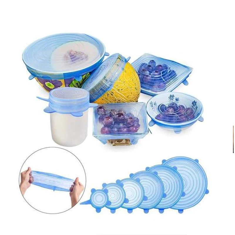 6pcs Microwave Safe Silicone Stretch Lids Flexible Bowl Covers Transparent Blue