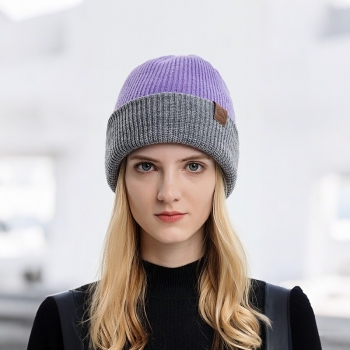 Unisex Winter Knitted Hat Crochet Thermal Beanie Cap Soft Texture Double Sided Warm Knitted Hats - Purple