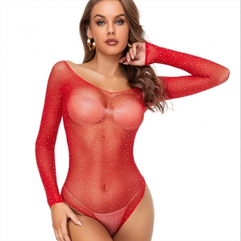 Hot Fishnet Bodysuit Sparkle Rhinestone Long Sleeve Tops Mesh Nightwear - Red