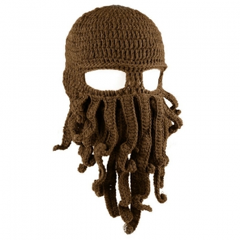 Octopus Beard Beanie Hat Warm Knit Funny Hat for Costume Party or Outdoor Activities - Brown