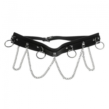 Punk Faux Leather Belt Adjustable Metal Chain Hoop Rings Waist Strap