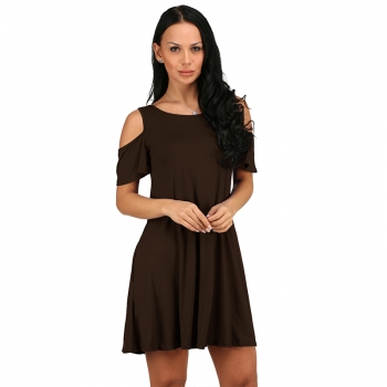 Women Summer Casual Spaghetti Strap Off Shoulder Ruffle Sleeves Shift Loose Mini Dress with Pockets - Coffee