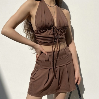Lady Cut Out Vest Halter Wrap Fitted Crop Top Solid Cami Tank Tops - Coffee M