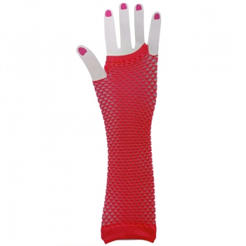 Ladies Girls Neon Long Fingerless Fishnet Lace Gloves Long Gloves - Red