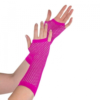 Ladies Girls Neon Long Fingerless Fishnet Lace Gloves Long Gloves - Hot Pink