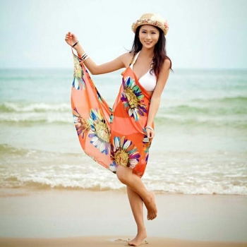 Women Bikini Cover Up Scarf Dress Swimsuit Sling Beach Chiffon Print Blouse - Orange
