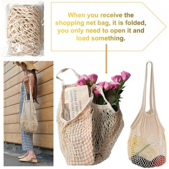 Mesh Net Bag String Shopping Bag Reusable Fruit Vegetables Storage Handbag - Beige