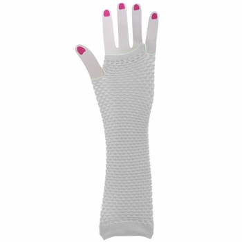 Ladies Girls Neon Long Fingerless Fishnet Lace Gloves Long Gloves - White