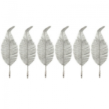 6 pcs Christmas Case Tree Decoration Clip On Feather Glittery Baubles Ornament - Silver