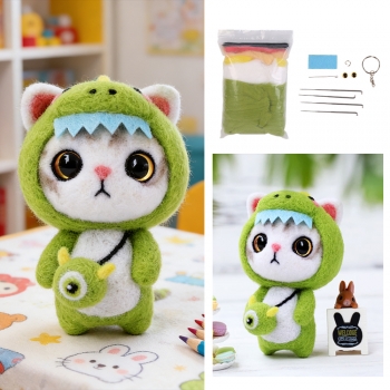 Needle Felting Starter Kit Green Cat Animals Needle Felting Set DIY Wool Felt Materials Set