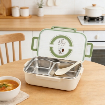 Insulation Lunch Box with Spoon 2 Compartments Lunch Container Food Box 381g 24 x 15 x 7cm