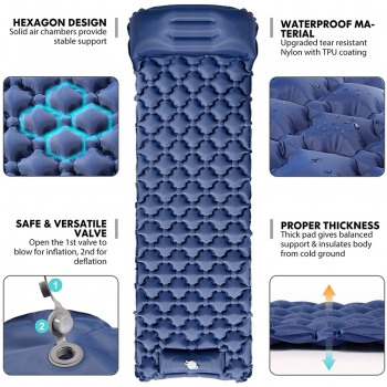 Integrated Foot Pump Portable Inflatable Camping Sleeping Mat with Pillow - Navy Blue