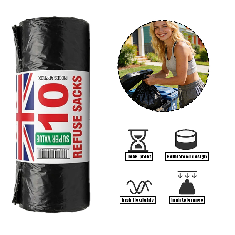 1 Roll 10PCS Extra Heavy Duty Black Refuse Sacks Bin Bags