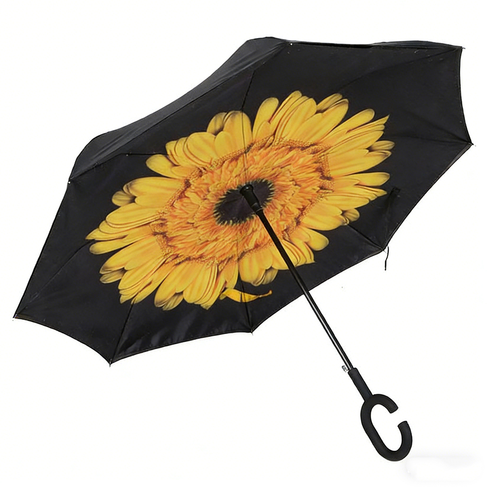 Sunflower Pattern Double Layer Inverted Umbrella Cars Reverse Open Folding Umbrellas Windproof UV Protection C Handle