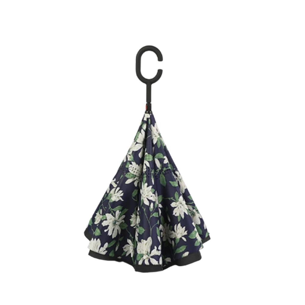 Lily Pattern Double Layer Inverted Umbrella Cars Reverse Open Folding Umbrellas Windproof UV Protection C Handle