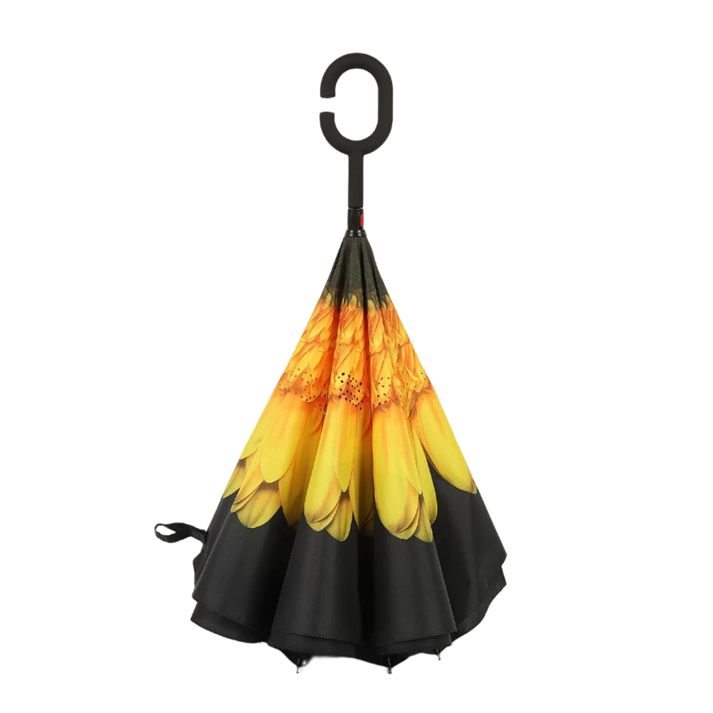 Sunflower Pattern Double Layer Inverted Umbrella Cars Reverse Open Folding Umbrellas Windproof UV Protection C Handle
