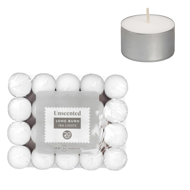 20PCS White Tealights 8h Long Burn Time Unscented Unfragranced Candles for Festivals Gifts