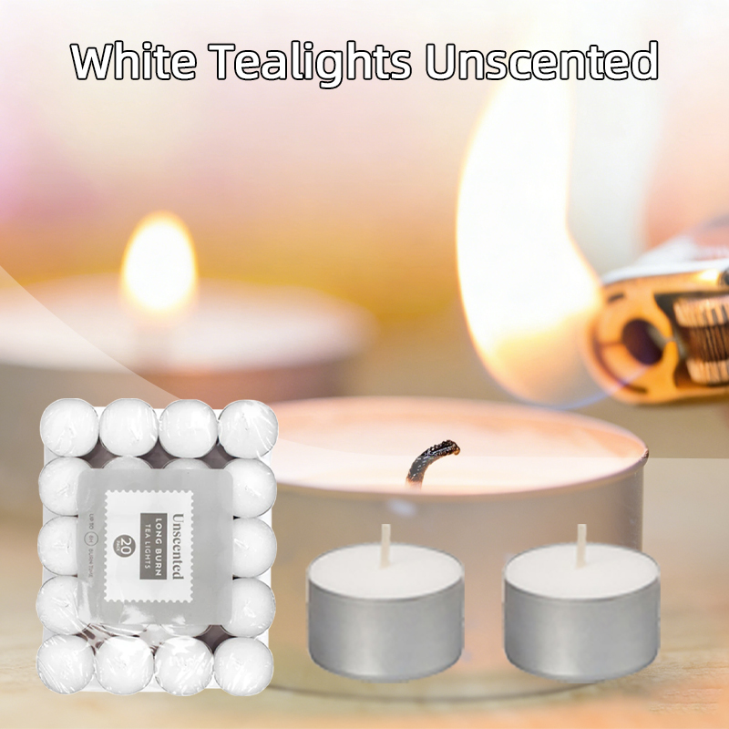20PCS White Tealights 8h Long Burn Time Unscented Unfragranced Candles for Festivals Gifts