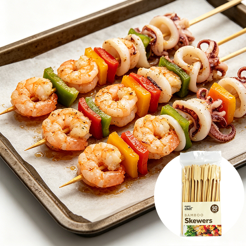 3 Types BBQ Skewers Biodegradable 100pcs Long 50pcs Large Bamboo Skewers 12pcs Stainless Steel Skewers BBQ Sticks Set for Family Party