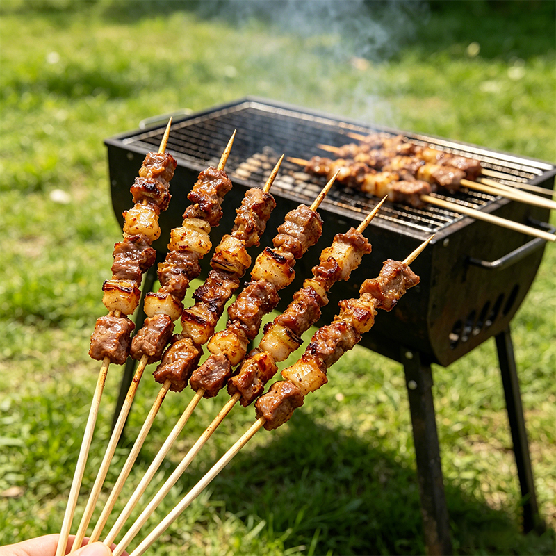 3 Types BBQ Skewers Biodegradable 100pcs Long 50pcs Large Bamboo Skewers 12pcs Stainless Steel Skewers BBQ Sticks Set for Family Party