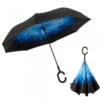 Blue Daisy Pattern Double Layer Inverted Umbrella Cars Reverse Open Folding Umbrellas Windproof UV Protection C Handle