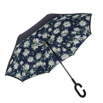 Lily Pattern Double Layer Inverted Umbrella Cars Reverse Open Folding Umbrellas Windproof UV Protection C Handle