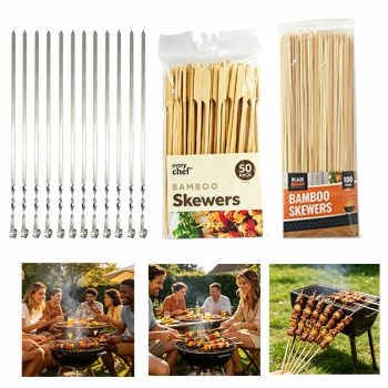 3 Types BBQ Skewers Biodegradable 100pcs Long 50pcs Large Bamboo Skewers 12pcs Stainless Steel Skewers BBQ Sticks Set for Family Party