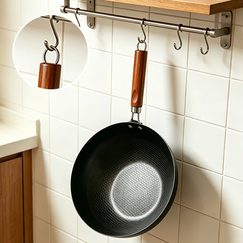 Refined Iron Wok 32cm with Wood handle Non Stick Wok