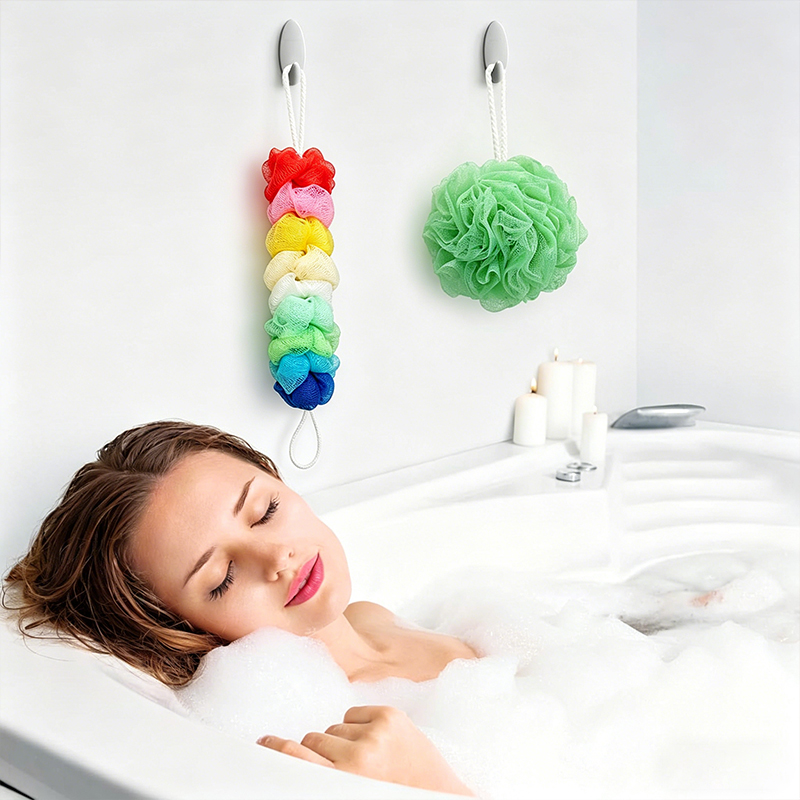 3PCS Bath Set Mesh Pouf Bath Sponge Shower Exfoliator Sponge Back Scrubber Long Loofah