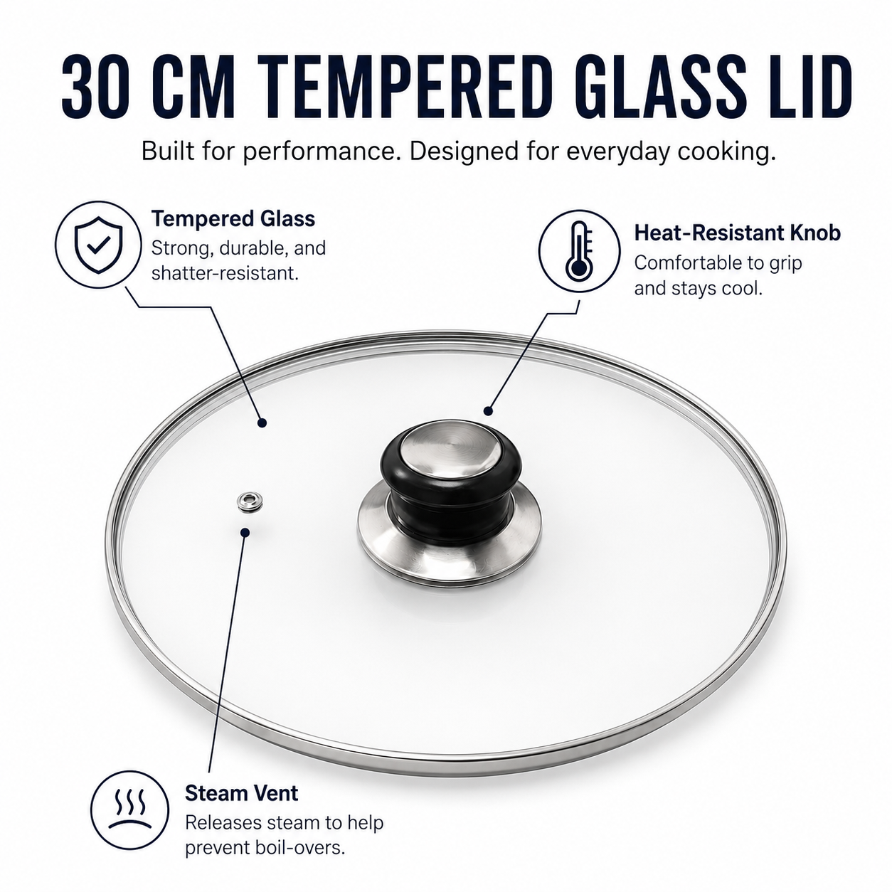 30cm Clear Glass Pan Lid with Knob - Durable Replacement Lid for Cookware - Universal Fit