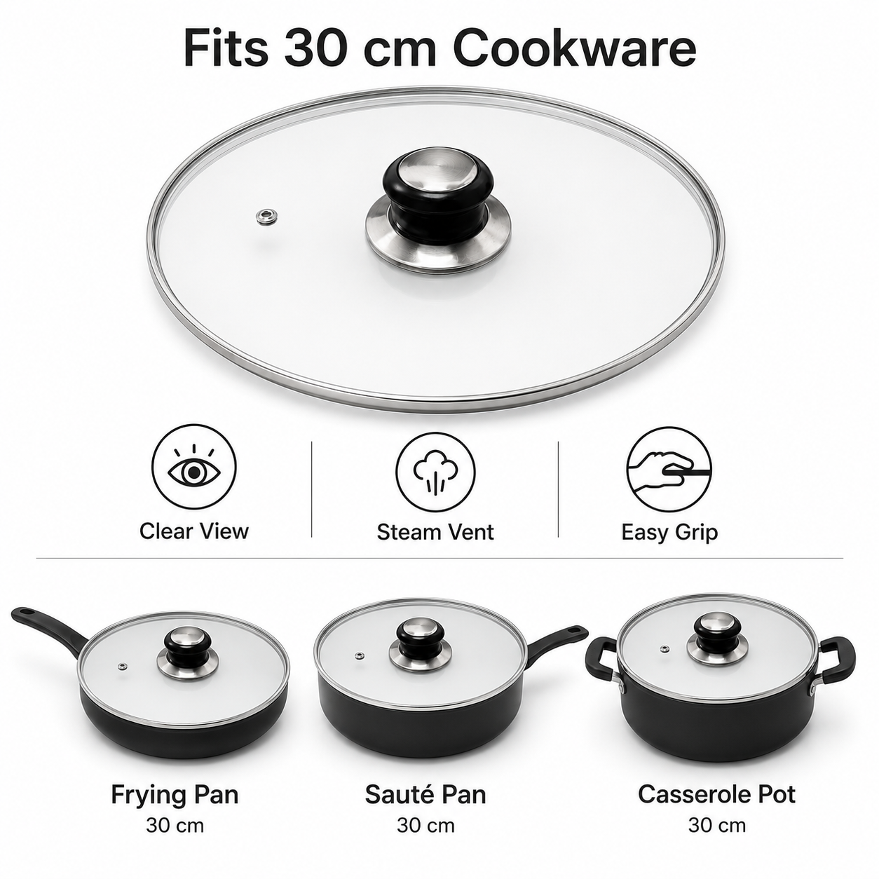 30cm Clear Glass Pan Lid with Knob - Durable Replacement Lid for Cookware - Universal Fit