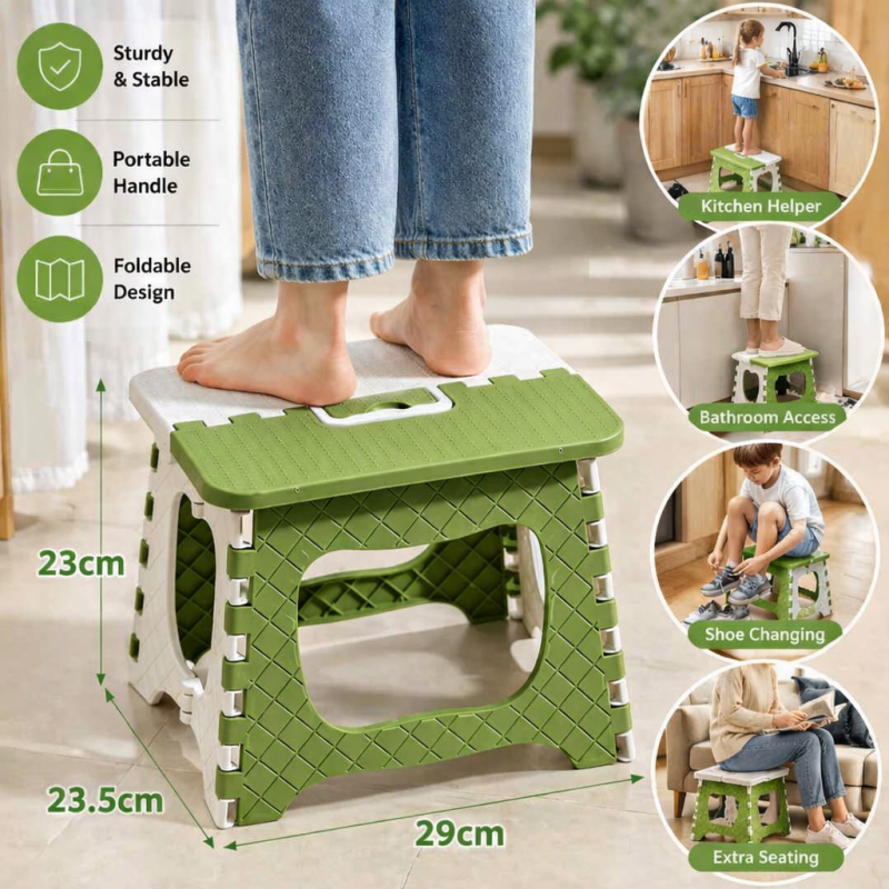 Heavy Duty Folding Step Stool with Carry Handle Green Foldable Camping Stool 300lbs Load Capacity