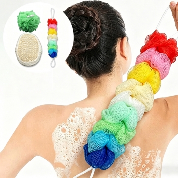 3PCS Bath Set Mesh Pouf Bath Sponge Shower Exfoliator Sponge Back Scrubber Long Loofah