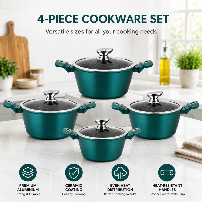4PCS Casserole Set with Glass Lids Handles 18 20 24 28cm Aluminium Cookware Set Green