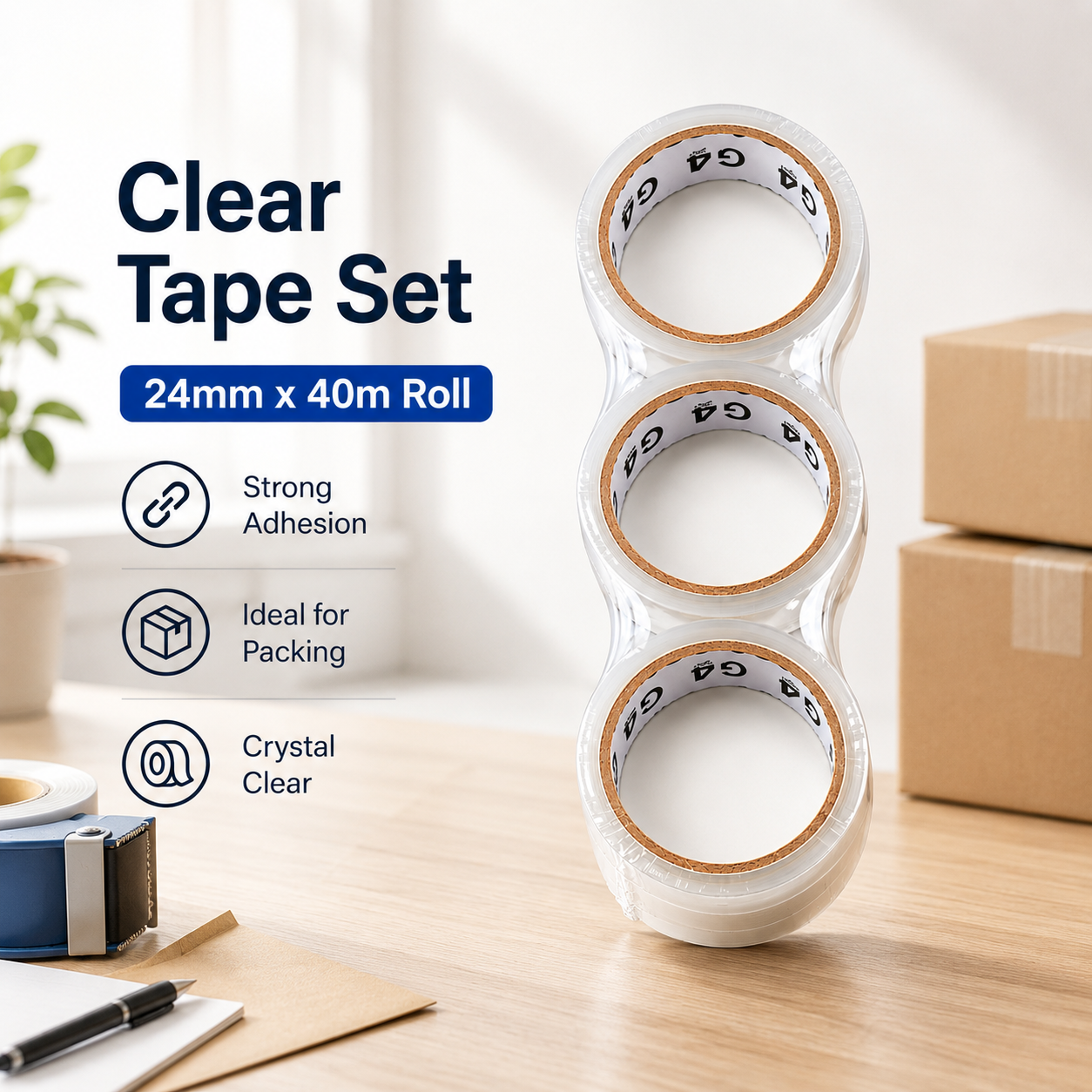 3 Rolls Clear Tape Set 24mm x 40m General Purpose Packing Tape Strong for Parcel Packing