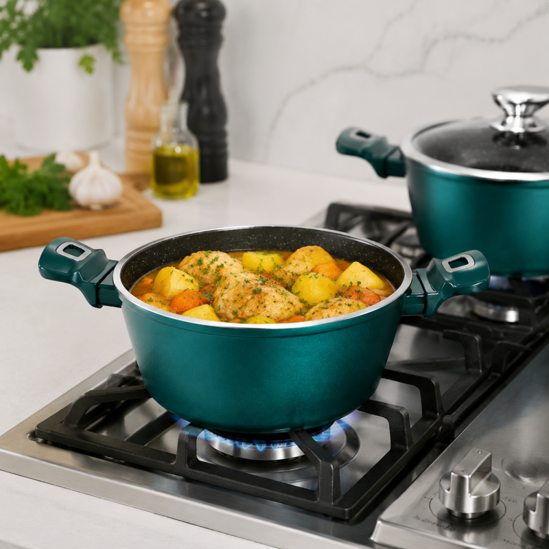 4PCS Casserole Set with Glass Lids Handles 18 20 24 28cm Aluminium Cookware Set Green