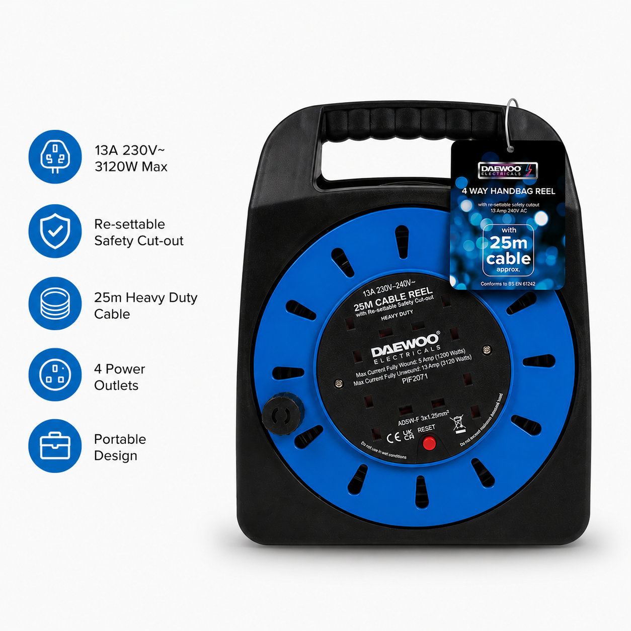 4 Gang Extension Reel with 25m Cable Heavy Duty Handbag Reel Useful Power Cord Reel
