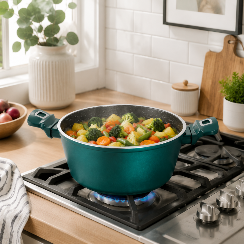 4PCS Casserole Set with Glass Lids Handles 18 20 24 28cm Aluminium Cookware Set Green
